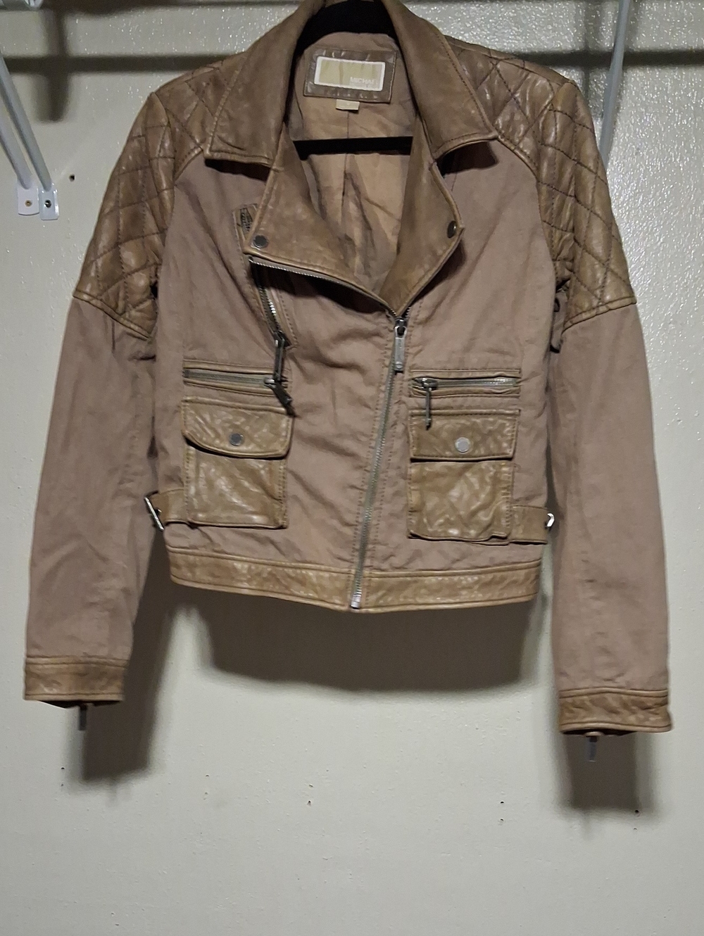 Michael Kors Quilted Canvas Leather Mixed Moto Jacket